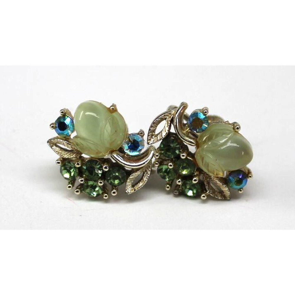 Lister Mid Century Earrings • Aurora Borealis Blue Green Lucite Silvertone